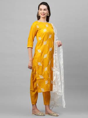 Indo Era Yellow Embroidered Straight Kurta Palazzo With Dupatta Set 4