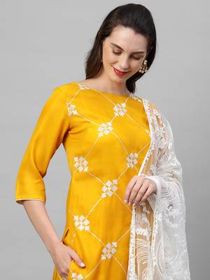 Indo Era Yellow Embroidered Straight Kurta Palazzo With Dupatta Set 5
