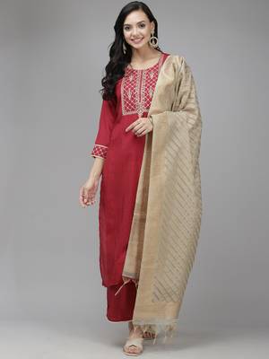 Indo Era Maroon Embroidered Straight Kurta Palazzo With Dupatta Set 1