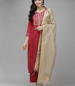 Indo Era Maroon Embroidered Straight Kurta Palazzo With Dupatta Set