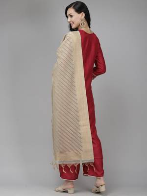 Indo Era Maroon Embroidered Straight Kurta Palazzo With Dupatta Set 2