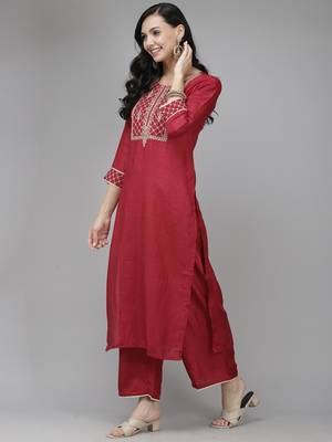 Indo Era Maroon Embroidered Straight Kurta Palazzo With Dupatta Set 3
