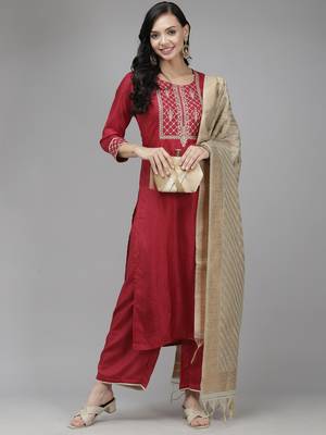 Indo Era Maroon Embroidered Straight Kurta Palazzo With Dupatta Set 4