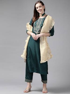 Indo Era Blue Embroidered Straight Kurta Palazzo With Dupatta Set 1