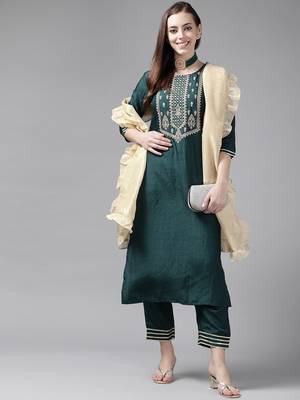 Indo Era Blue Embroidered Straight Kurta Palazzo With Dupatta Set 4