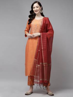Indo Era Orange Embroidered Straight Kurta Palazzo With Dupatta Set 1