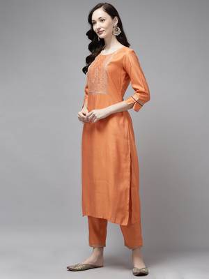 Indo Era Orange Embroidered Straight Kurta Palazzo With Dupatta Set 3