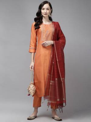 Indo Era Orange Embroidered Straight Kurta Palazzo With Dupatta Set 4