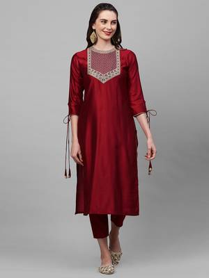 Indo Era Red Solid Straight Kurta Trouser Set 1