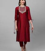 Indo Era Red Solid Straight Kurta Trouser Set