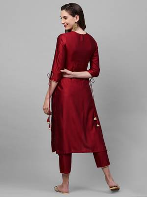 Indo Era Red Solid Straight Kurta Trouser Set 2