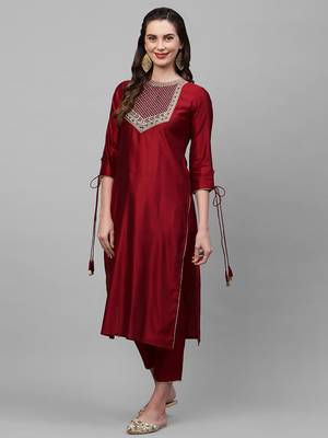 Indo Era Red Solid Straight Kurta Trouser Set 3