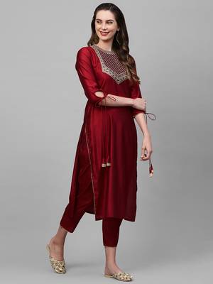 Indo Era Red Solid Straight Kurta Trouser Set 4