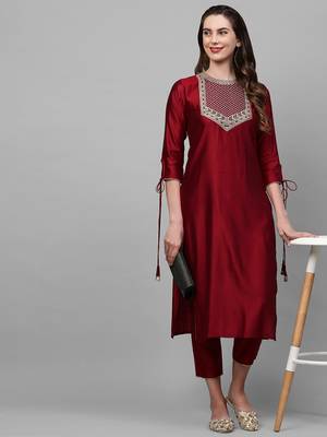 Indo Era Red Solid Straight Kurta Trouser Set 5