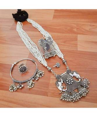 Elephant Pendant Ghungroo Necklace Set, German Silver Jewelry, South Indian Jewelry, Wedding Jewelry 1