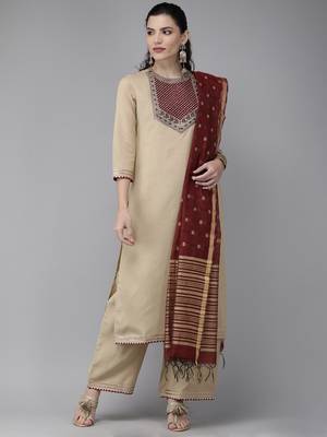 Indo Era Beige Solid Straight Kurta Palazzo with Dupatta Set 1