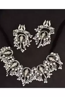 Oxidised ganesha jewelry set, Indian traditional ethnic jewellery, choker set, silver look handmade set, gifts for her,