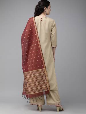 Indo Era Beige Solid Straight Kurta Palazzo with Dupatta Set 2