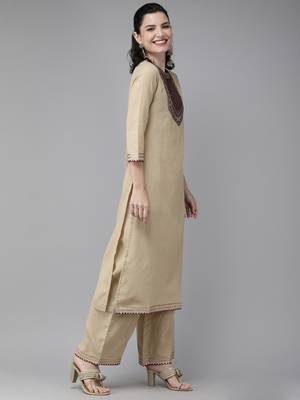 Indo Era Beige Solid Straight Kurta Palazzo with Dupatta Set 3