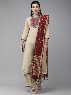 Indo Era Beige Solid Straight Kurta Palazzo with Dupatta Set 4