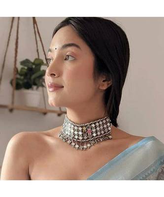 Afghani mirror choker jewellery set, Boho tribal jewlery, Indian oxidised jewellery, handmade, necklace set 1
