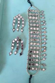 Afghani mirror choker jewellery set, Boho tribal jewlery, Indian oxidised jewellery, handmade, necklace set