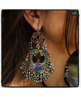 Afghan Kuchi Earrings Colorful, Boho Statement Tribal Earrings, Hippie Style Mirror Earrings Real Glass Afghani Earrings 1