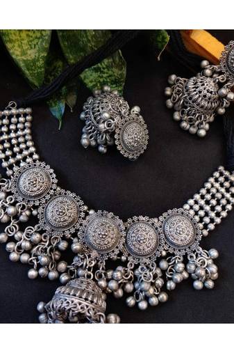 German Silver oxidised set with Jhumki boho tribal jewelry/ Temple jewellery handmade oxidized choker set/ antique set
