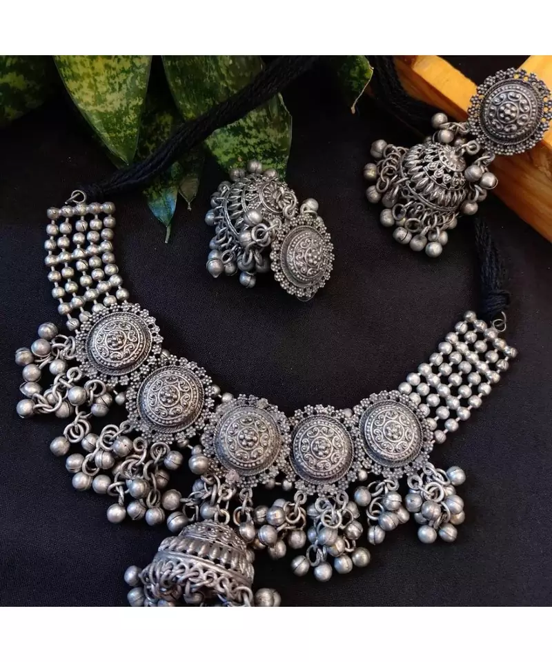German Silver oxidised set with Jhumki boho tribal jewelry/ Temple jewellery handmade oxidized choker set/ antique set