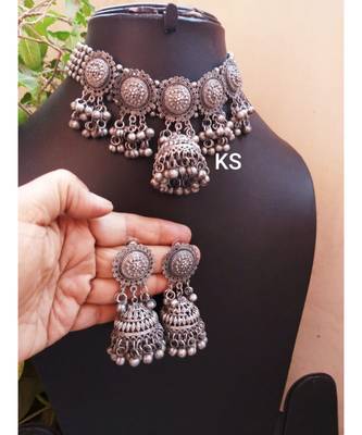 German Silver oxidised set with Jhumki boho tribal jewelry/ Temple jewellery handmade oxidized choker set/ antique set 3