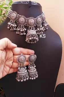 German Silver oxidised set with Jhumki boho tribal jewelry/ Temple jewellery handmade oxidized choker set/ antique set