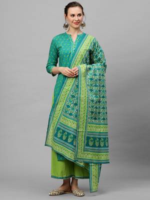 Indo Era Green Printed Straight Kurta Palazzo With Dupatta Set 1