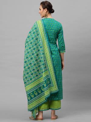 Indo Era Green Printed Straight Kurta Palazzo With Dupatta Set 2