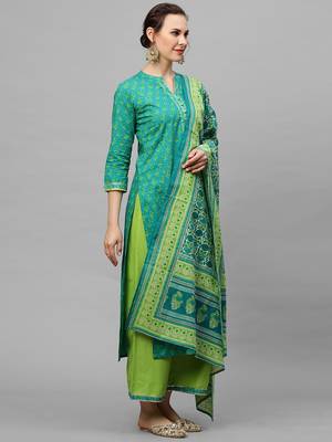 Indo Era Green Printed Straight Kurta Palazzo With Dupatta Set 3