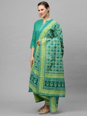 Indo Era Green Printed Straight Kurta Palazzo With Dupatta Set 4