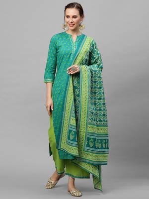 Indo Era Green Printed Straight Kurta Palazzo With Dupatta Set 5