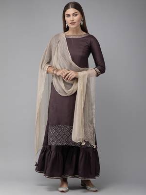 Indo Era Purple Embroidered Straight Kurta Sarara With Dupatta Set 1