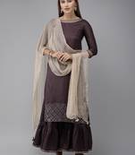 Indo Era Purple Embroidered Straight Kurta Sarara With Dupatta Set