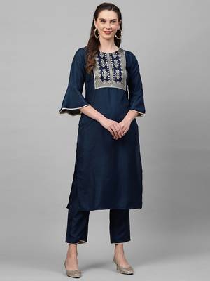 Indo Era Navy Blue Solid Straight Kurta Trouser Set 1