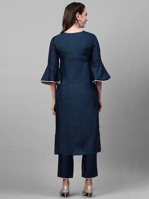 Indo Era Navy Blue Solid Straight Kurta Trouser Set 2