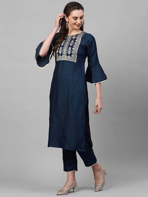 Indo Era Navy Blue Solid Straight Kurta Trouser Set 3