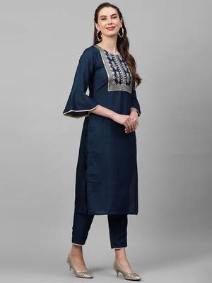 Indo Era Navy Blue Solid Straight Kurta Trouser Set 4