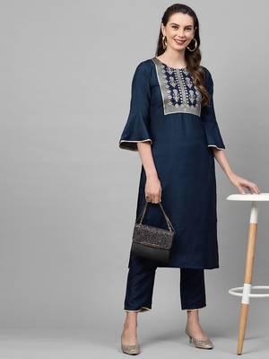 Indo Era Navy Blue Solid Straight Kurta Trouser Set 5