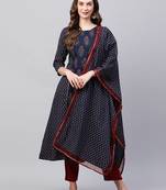 Indo Era Navy Blue Floral printed Kurta Trouser With Hand Made Dupatta Set