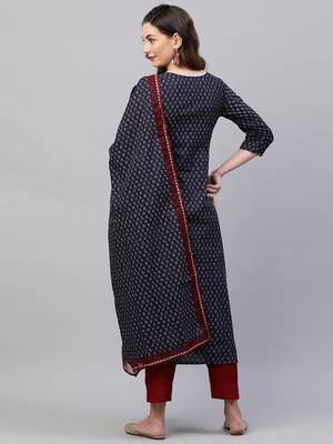 Indo Era Navy Blue Floral printed Kurta Trouser With Hand Made Dupatta Set 2
