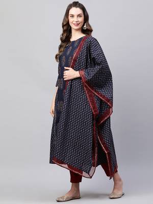 Indo Era Navy Blue Floral printed Kurta Trouser With Hand Made Dupatta Set 3