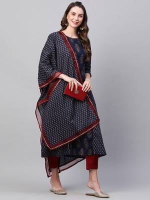 Indo Era Navy Blue Floral printed Kurta Trouser With Hand Made Dupatta Set 4