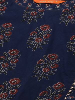 Indo Era Navy Blue Floral printed Kurta Trouser With Hand Made Dupatta Set 5