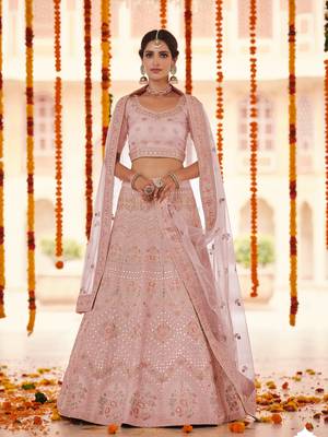 Peach embroidered organza semi stitched lehenga 1