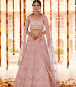 Peach embroidered organza semi stitched lehenga